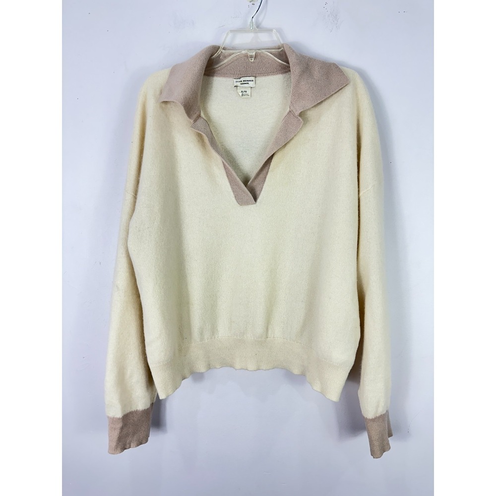 Club Monaco Cashmere Polo Sweater XL‎ Cream V Neck Tennis Prep Old Money Luxury